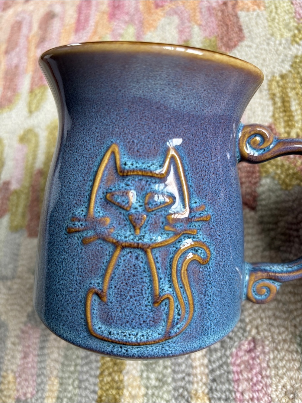 La Rochelle Kitty Cat Ceramic Studio Artisan Stoneware Folk Art Blue Glaze Mug